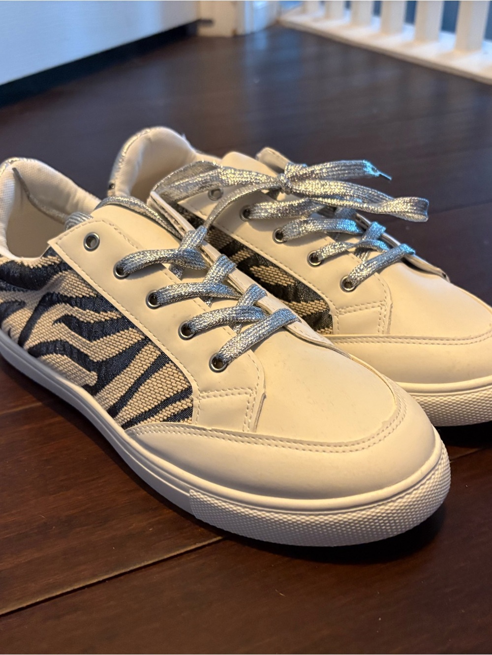Ashley Stewart White Sneakers with Silver Laces and Navy Zebra Accent